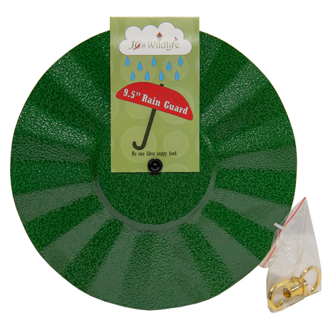 JCS Wildlife 9.5" Rain Guard in hammered green metal texture, designed to protect bird seed from rain and messes.