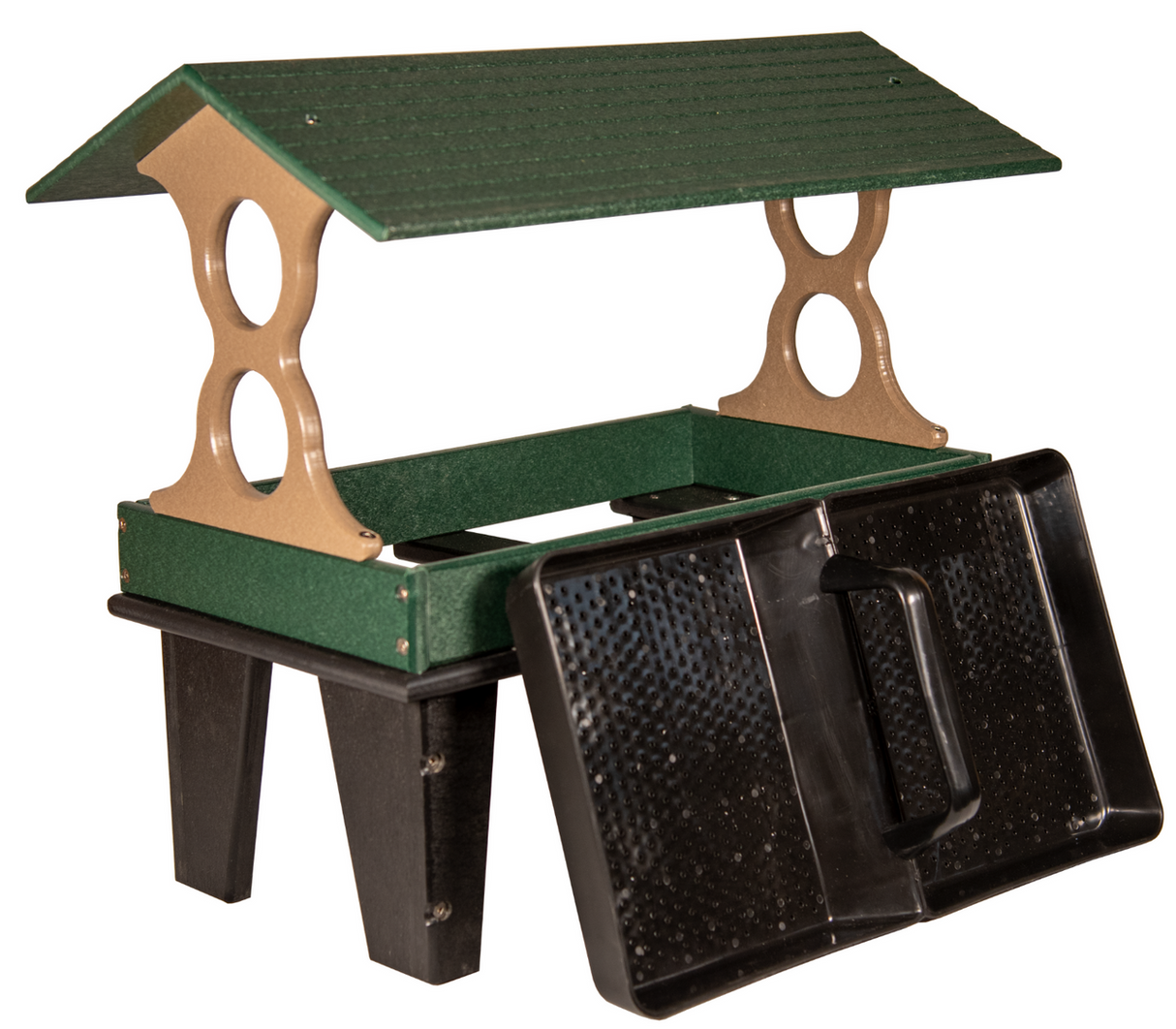 Plastic recycled bird feeder with green roof tan supports and black tray featuring a convenient handle and elevated design for easy access