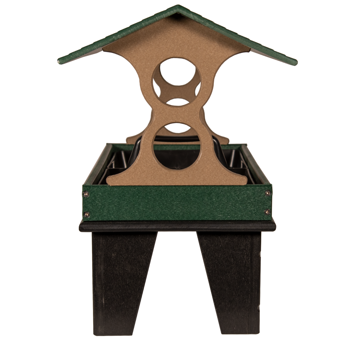 Recycled plastic bird feeder with green base tan top and three circular openings for birds to feed from featuring a protective roof against the elements