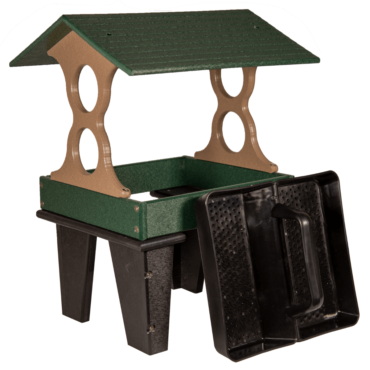 Product photo showing a green and tan recycled plastic elevated bird feeder with a dark removable tray and a peaked roof.