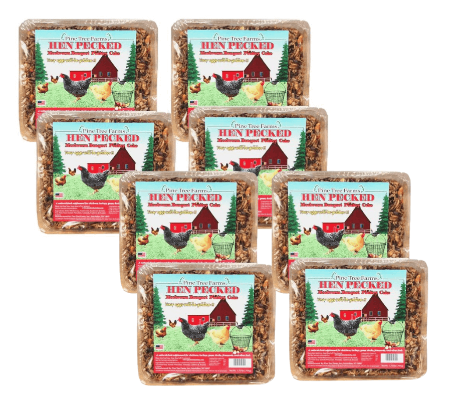 Pine Tree Farms Hen Pecked Mealworm Poultry Cake 1.75 lbs, available in packs of 1, 2, 4, and 6 for chickens and fowl.