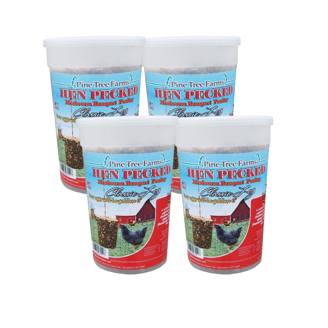 Pine Tree Farms Hen Pecked Mealworm Poultry Classic Log, 28 oz containers for nutritious poultry feeding.