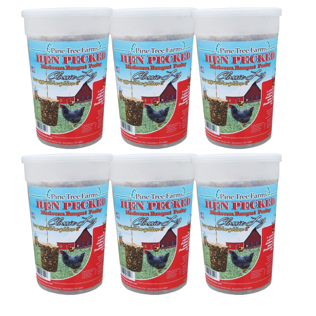Pine Tree Farms Hen Pecked Mealworm Poultry Classic Log 28 oz containers, ideal supplement for poultry diet.