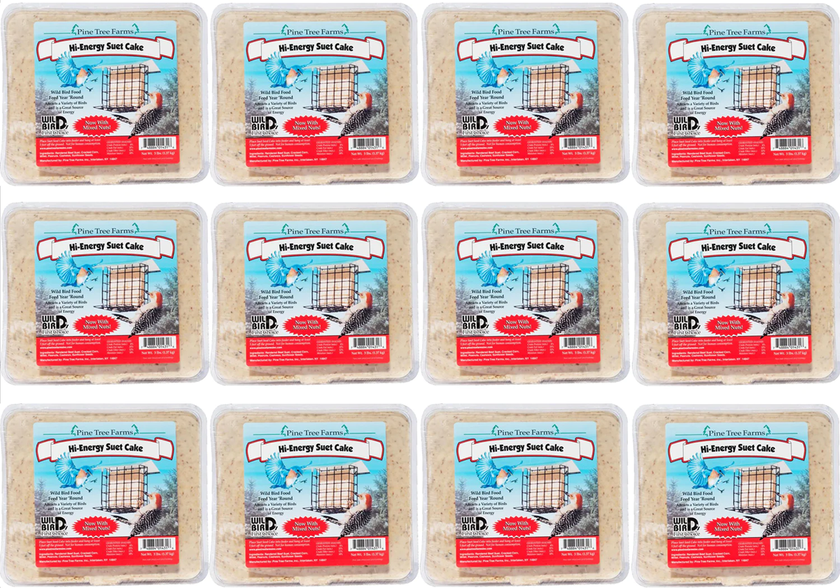 Pine Tree Farms Hi-Energy Suet Cake 3 lbs, pack of 12, ideal wild bird food with various seeds and nuts.