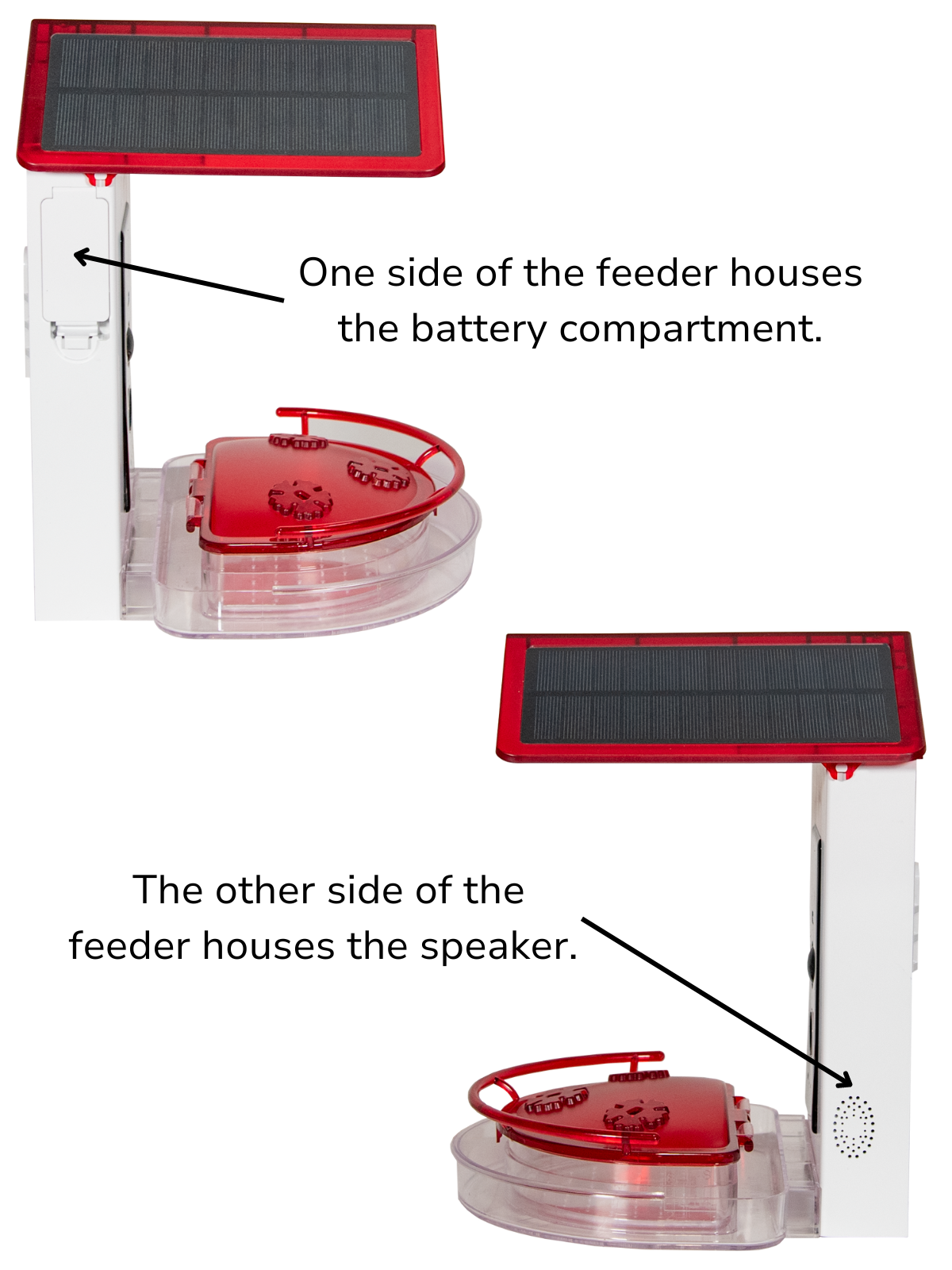 JCS Wildlife Smart 2-in-1 Hummingbird Feeder solar panel and speaker components detailed view.