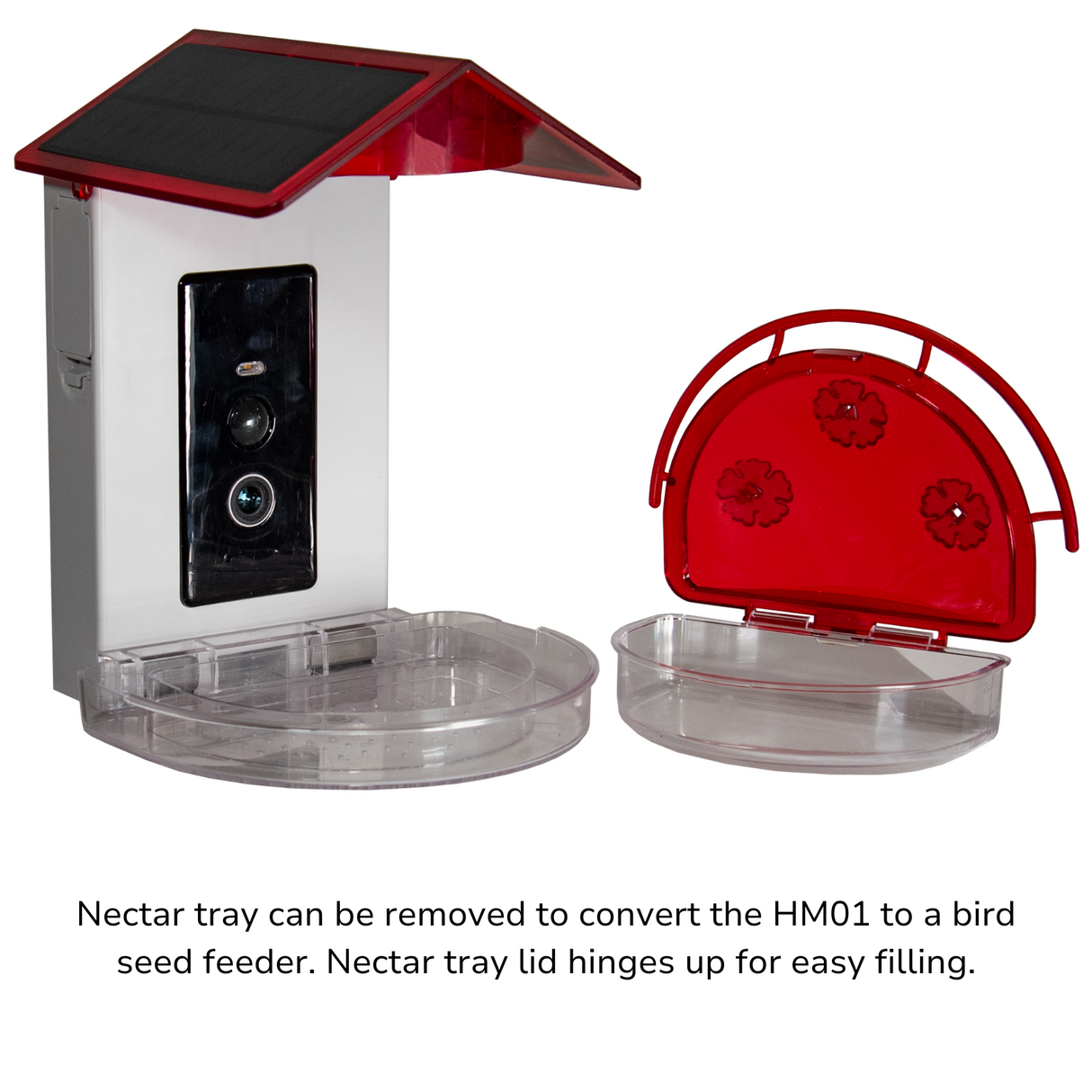 JCS Wildlife Smart 2-in-1 Hummingbird Feeder with solar panel and removable nectar tray.