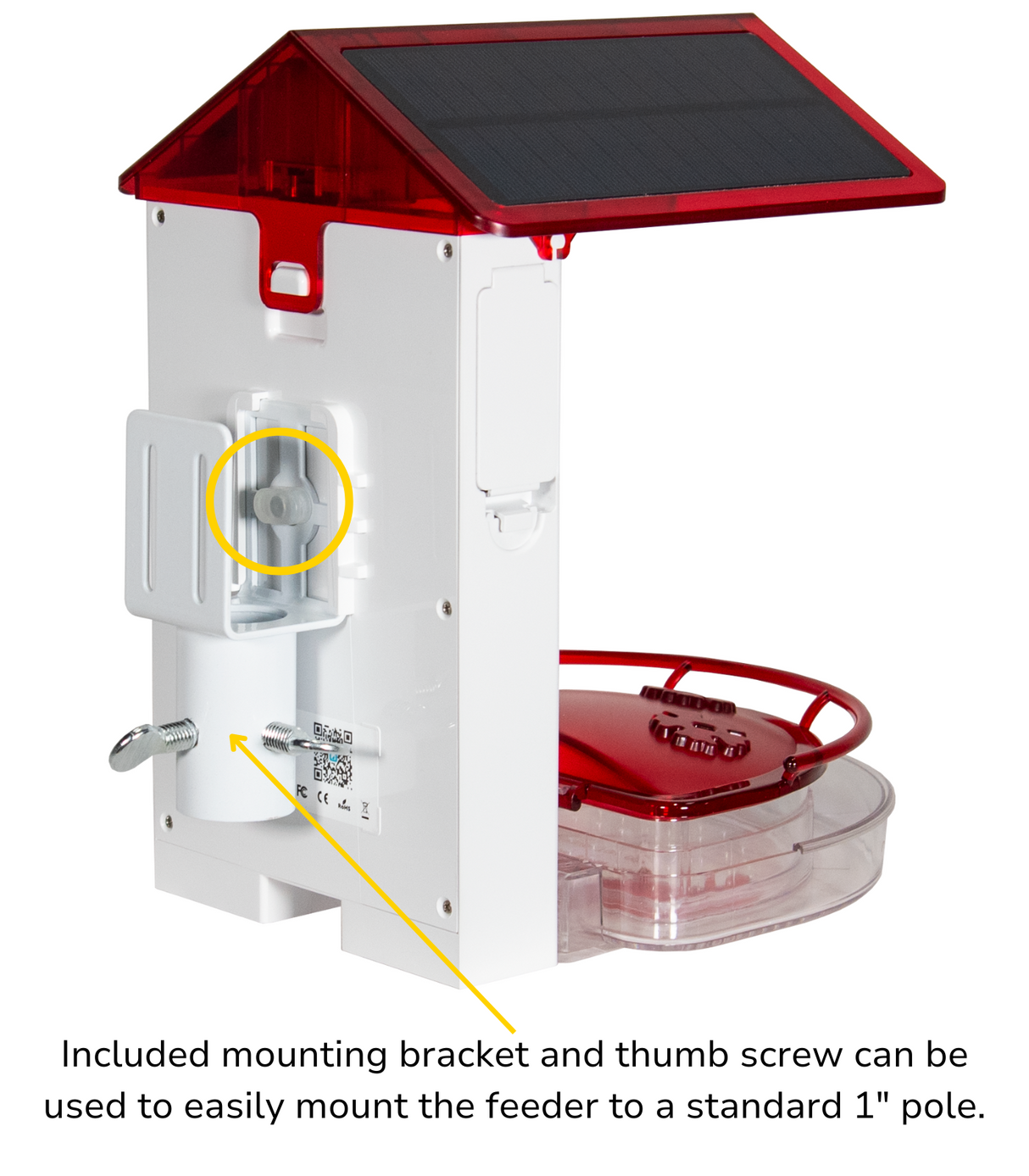 JCS Wildlife Smart 2-in-1 Hummingbird Feeder with solar panel and mounting bracket for easy pole installation.