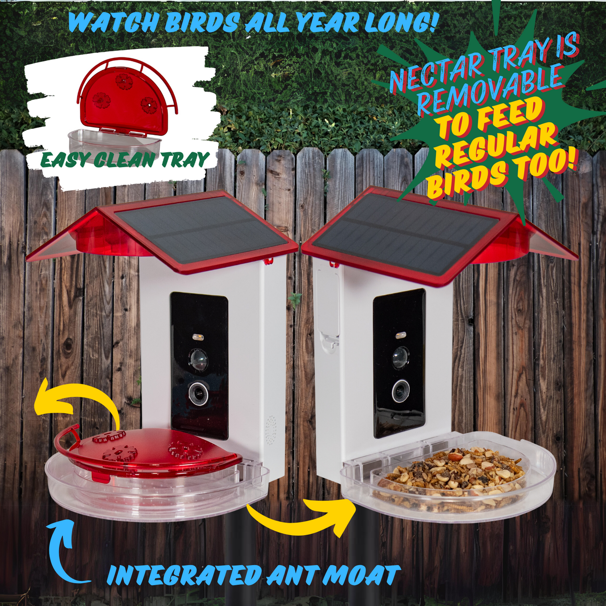 JCS Wildlife Smart 2-in-1 Hummingbird Feeder with removable nectar tray and integrated ant moat.