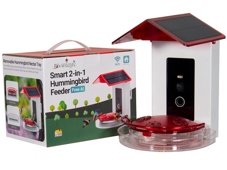 JCS Wildlife Smart 2-in-1 Hummingbird Feeder with solar panel and camera for birdwatching.