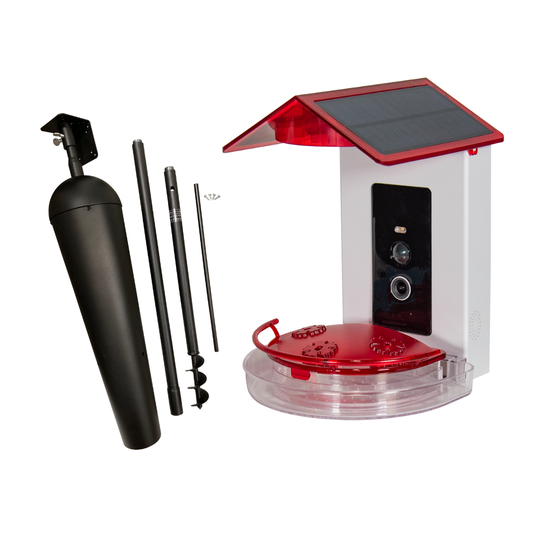 JCS Wildlife Smart 2-in-1 Hummingbird Feeder with solar-powered camera and accessories.