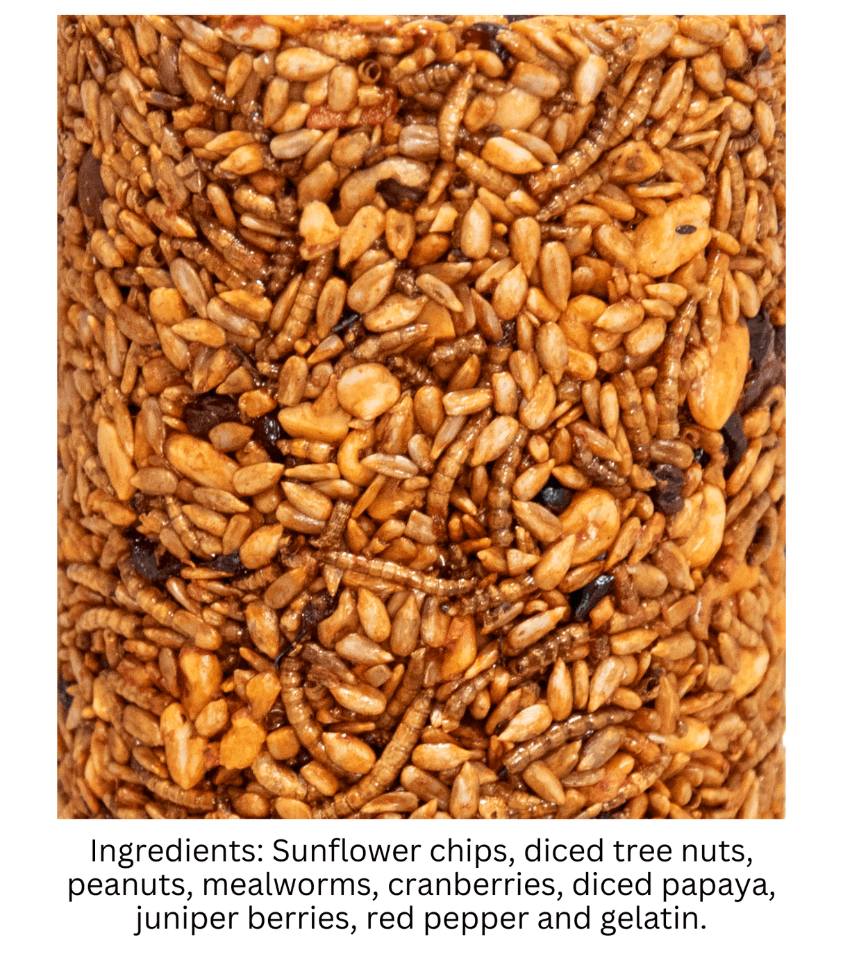 Close-up of JCS Wildlife Squirrel Stopper Bugs Nuts & Berries large cylinder ingredients including sunflower chips and mealworms.