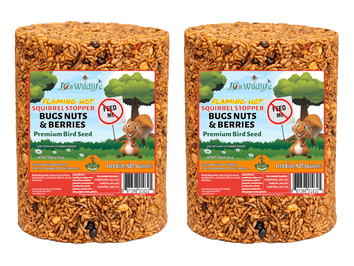 JCS Wildlife Squirrel Stopper Bugs Nuts & Berries 3.8lbs cylinder, premium bird seed with tree nuts, meal worms, and cranberries.