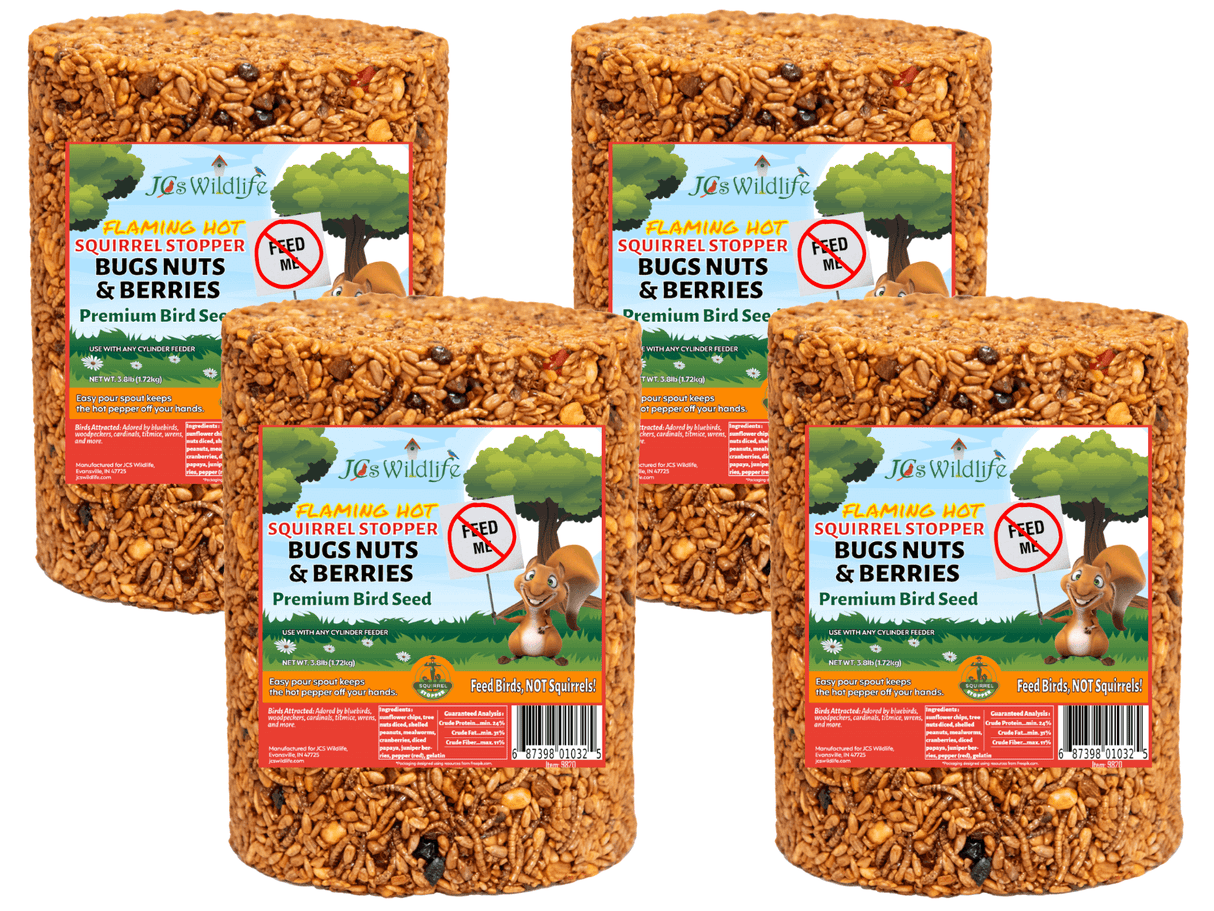 JCS Wildlife Squirrel Stopper Bugs Nuts & Berries Large Cylinder 3.8lbs premium bird seed in a bundle.