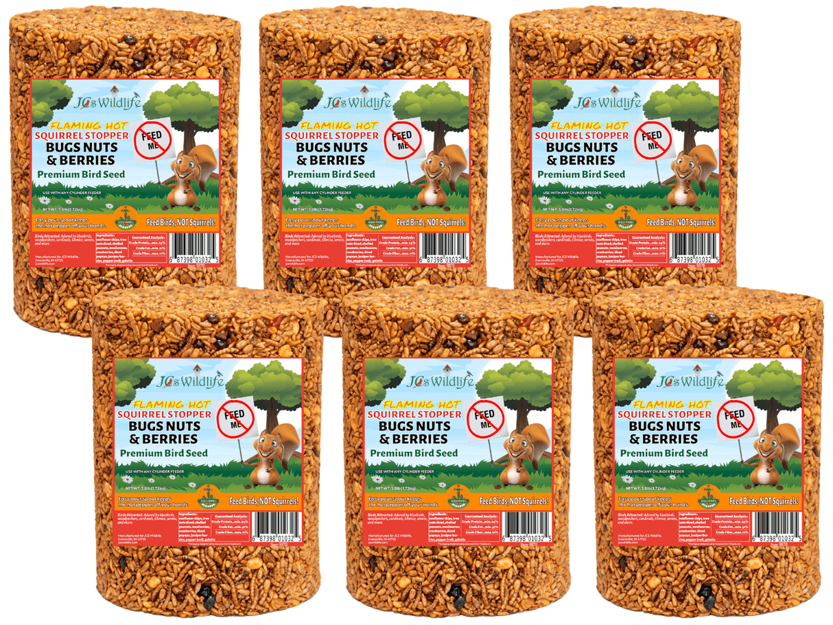 JCS Wildlife Squirrel Stopper Bugs Nuts & Berries Large Cylinder, 3.8lbs, premium bird seed, natural ingredients.