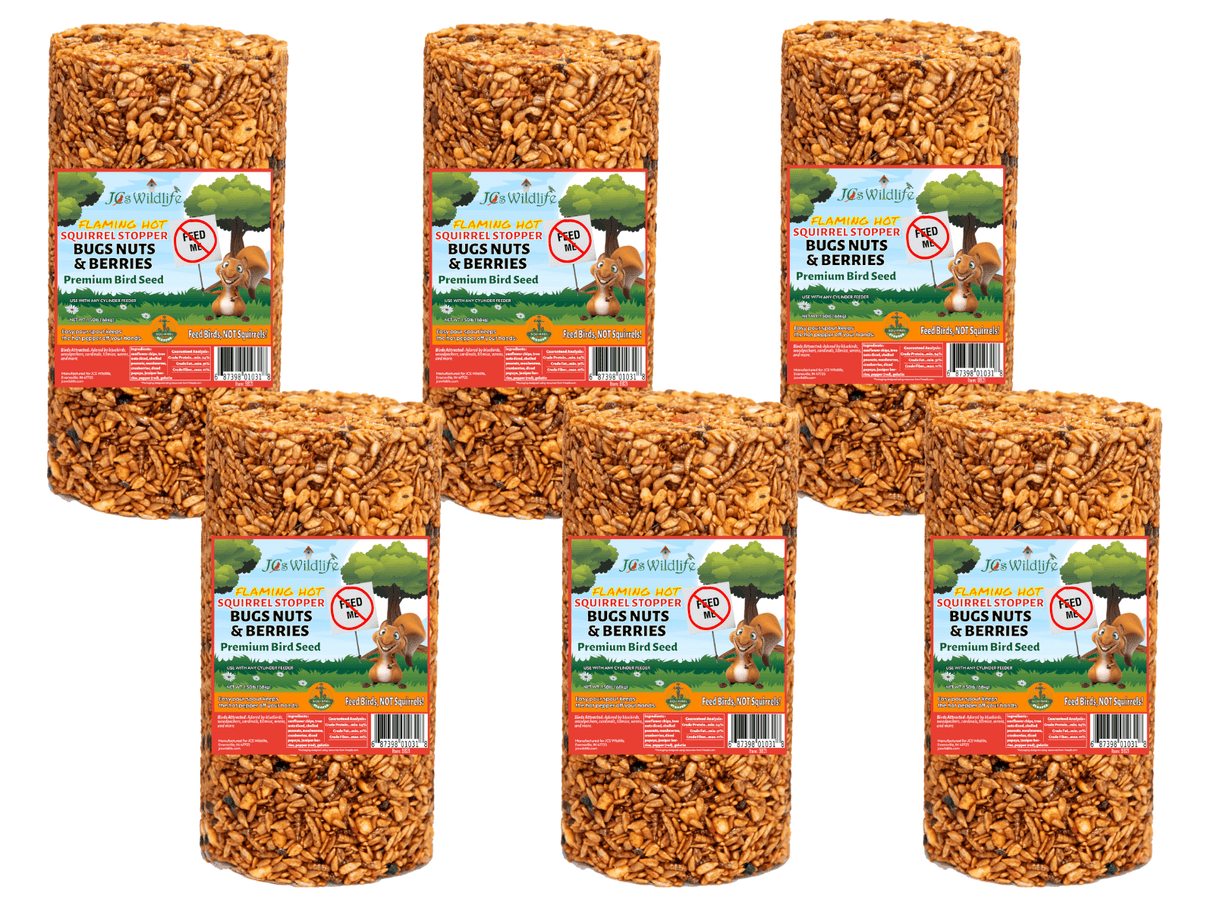 JCS Wildlife Squirrel Stopper Bugs Nuts & Berries small cylinder, 1.5lbs wildlife bird food with tree nuts and mealworms.