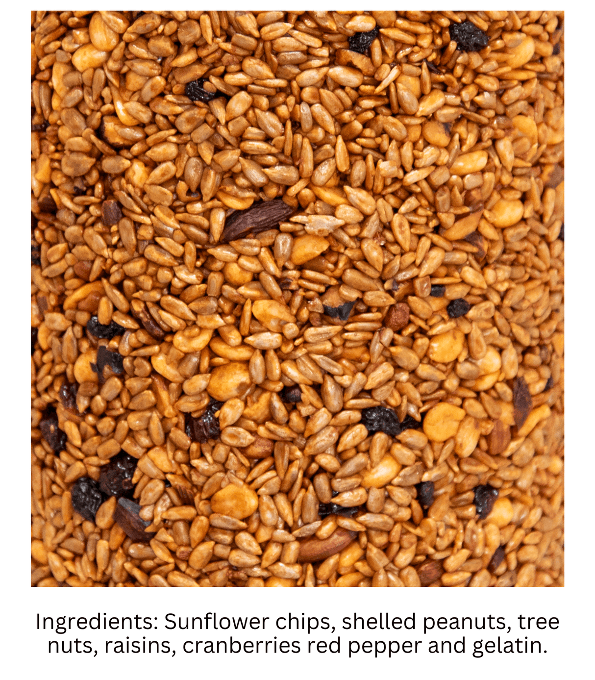 Close-up of JCS Wildlife Squirrel Stopper mix with sunflower chips, peanuts, nuts, raisins, and cranberries.