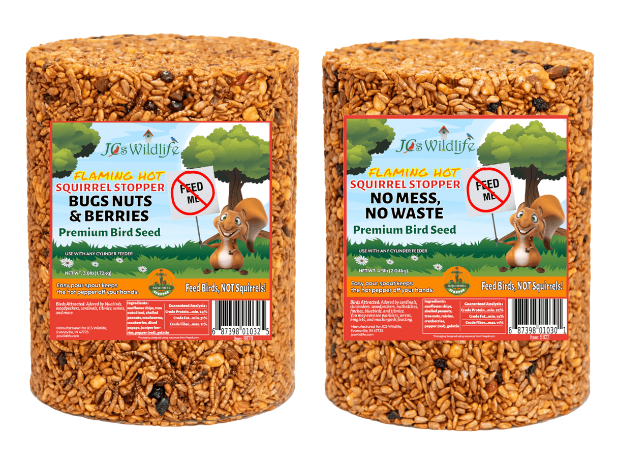JCS Wildlife Squirrel Stopper No Mess, No Waste large cylinder birdseed with nuts and berries, 4.5lbs.