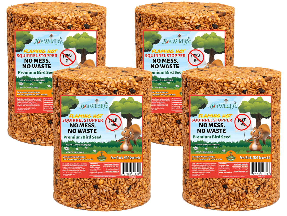 JCS Wildlife Squirrel Stopper No Mess, No Waste 4.5lbs Large Cylinder bird seed with premium ingredients.