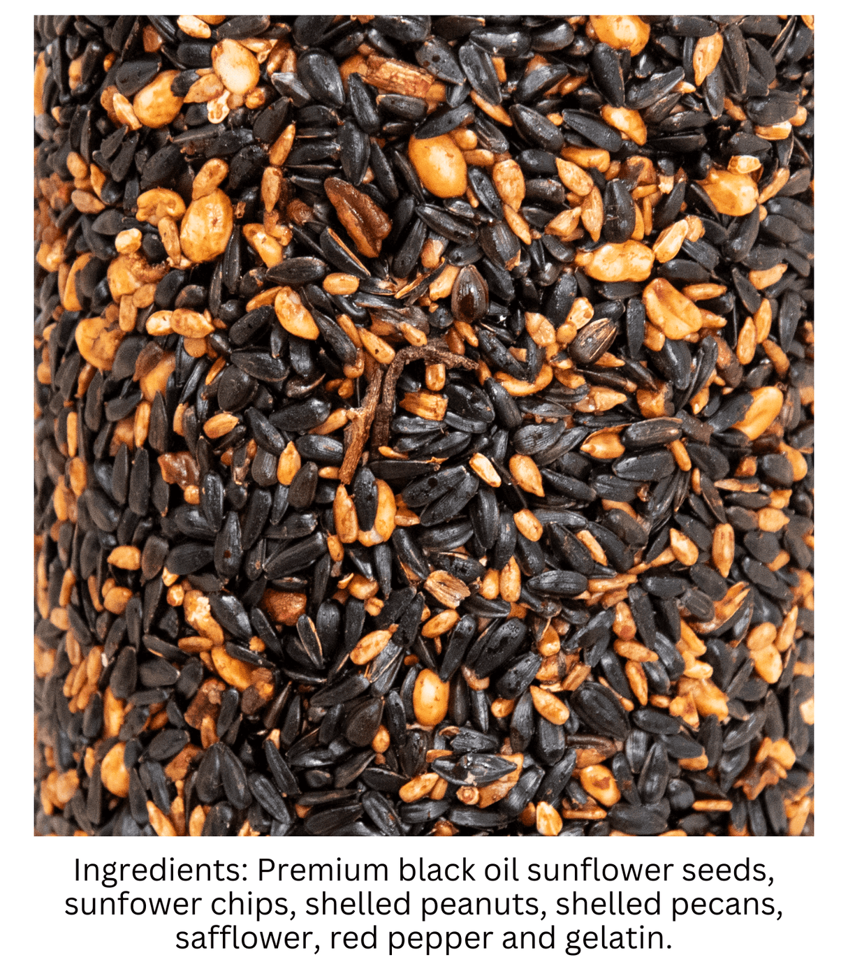 Close-up of bird feeder mix with black oil sunflower seeds, sunflower chips, and shelled peanuts for JCS Wildlife Squirrel Stopper.