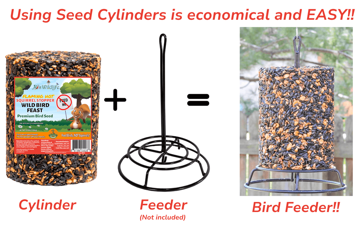 JCS Wildlife Squirrel Stopper Wild Bird Feast cylinder and feeder setup, highlighting easy bird feeding.