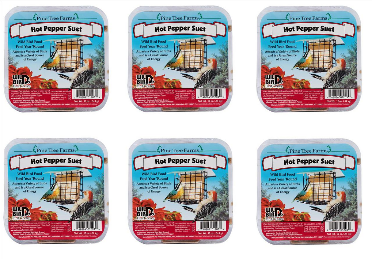 Pine Tree Farms product image showing six packages of Hot Pepper Suet wild bird food, featuring a yellow bird, a red-headed woodpecker, and a cage-style bird feeder, with vibrant red peppers and a blue and yellow label design