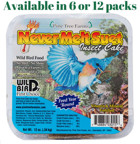 Pine Tree Farms product packaging illustration of a bluebird in flight over a garden, showcasing a Never Melt Suet Insect Cake with vibrant yellow and orange details, and featuring a barcode