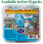 Pine Tree Farms product packaging illustration of a bluebird in flight over a garden, showcasing a Never Melt Suet Insect Cake with vibrant yellow and orange details, and featuring a barcode
