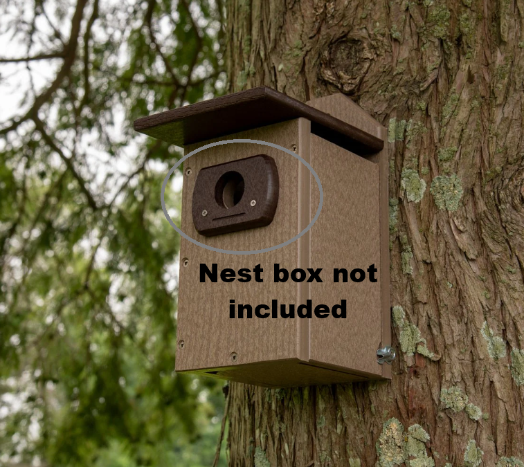Photograph showing a brown plastic birdhouse affixed to a tree trunk with a dark brown entrance hole and a dark brown roof