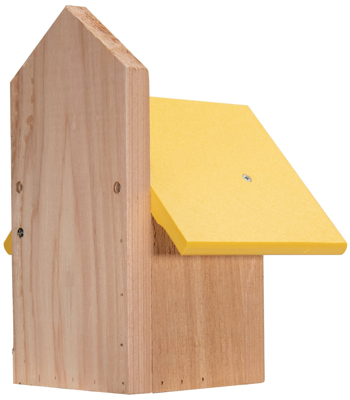 JCS Wildlife Chickadee Birdhouse with eco-friendly recycled poly lumber roof in yellow and natural Cedar body.