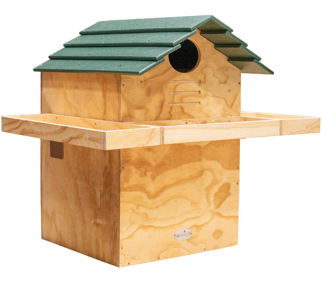 JCs Wildlife X Large Barn Owl Box with green poly lumber roof and exercise platform designed to protect young owlets from predators.