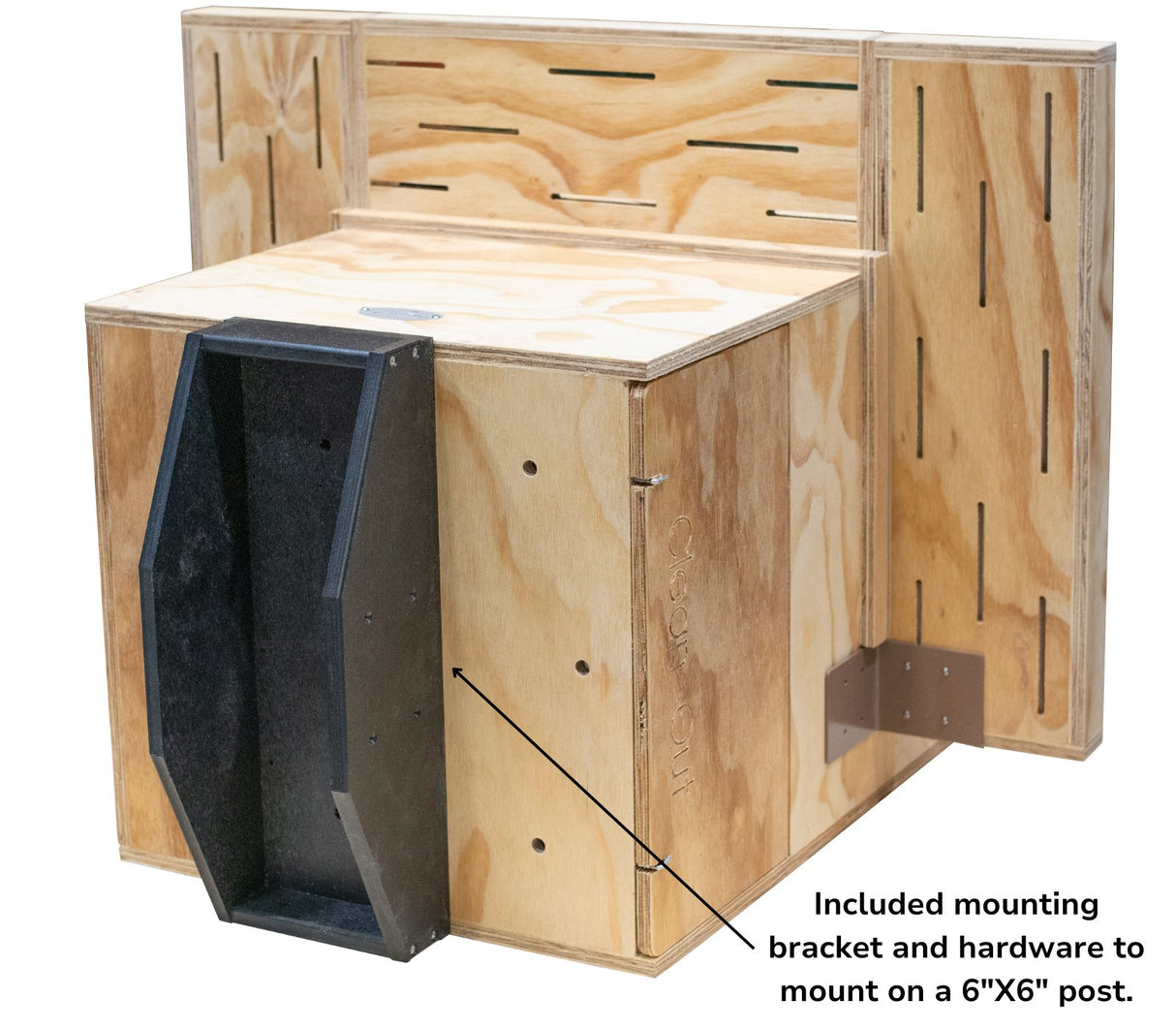 JCS Wildlife X Large Barn Owl Box with Poly Lumber Roof and Exercise Platform, showing included mounting bracket and hardware for a 6"x6" post