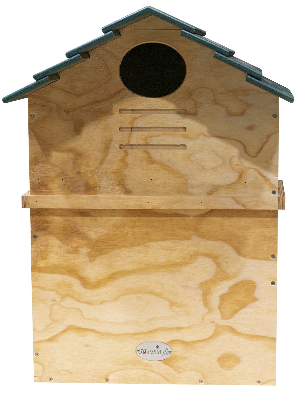 JCS Wildlife X Large Barn Owl Box with Poly Lumber Roof and Exercise Platform featuring elliptical entrance for predator protection