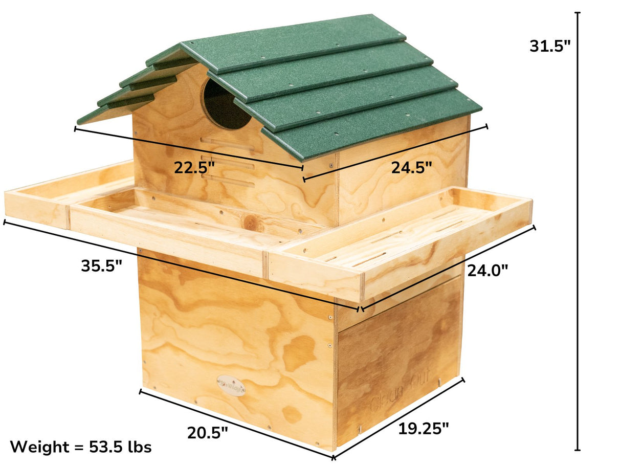 JCS Wildlife X Large Barn Owl Box with Poly Lumber Roof and Exercise Platform, featuring dimensions and weight details.