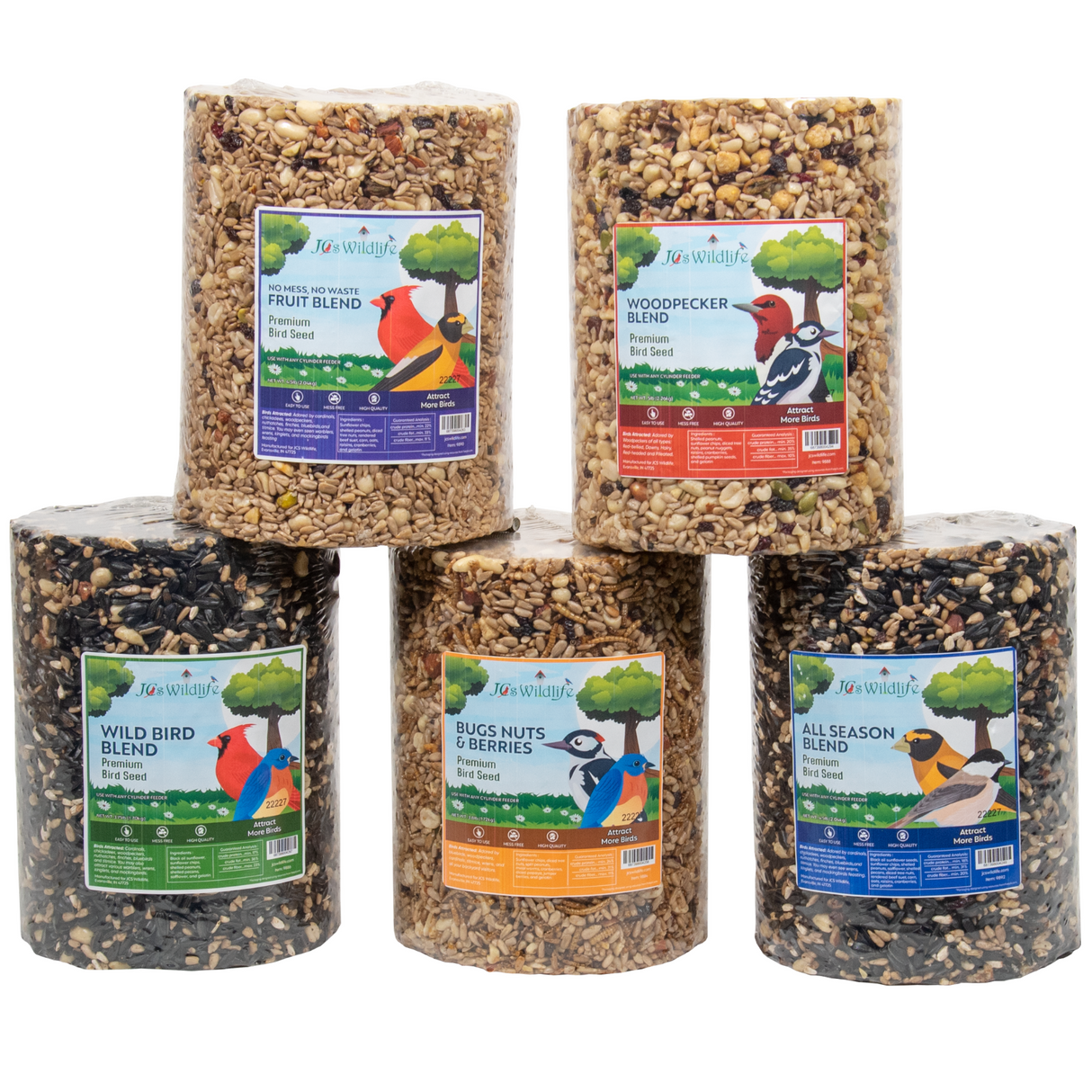 JCS Wildlife Premium Bird Seed Cylinder Variety Pack showcasing five delicious flavors for attracting birds.
