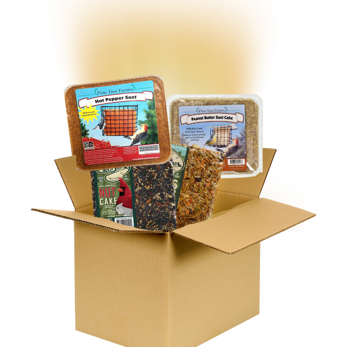 Pine Tree Farms bird food box featuring hot pepper suet, peanut butter suet cake, and wild bird nut cake with images of birds and feeders in vibrant red and brown tones
