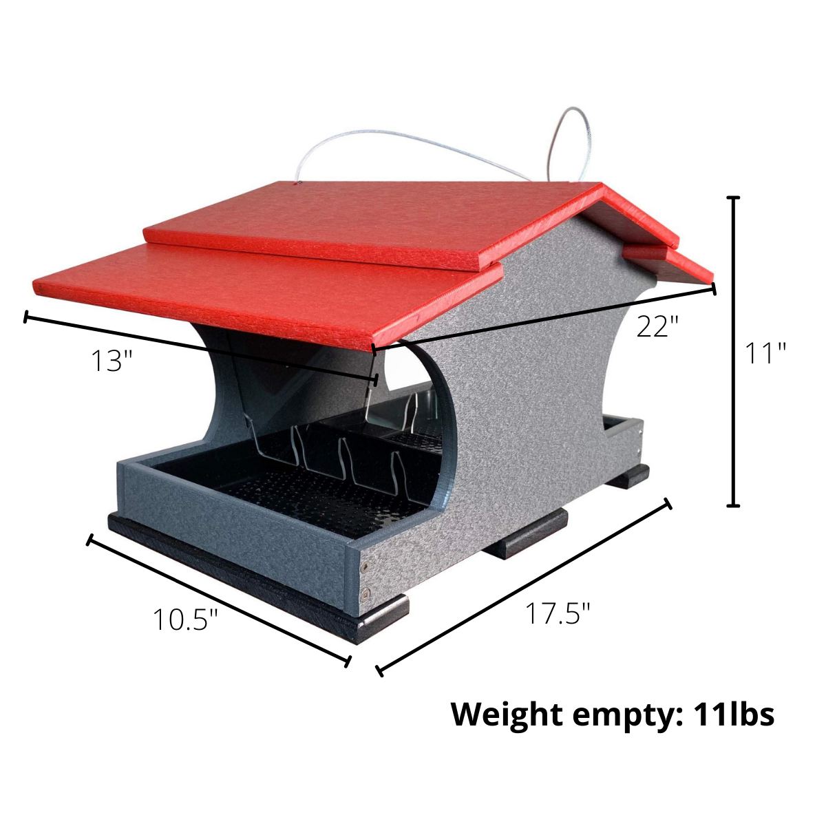 Diagram of a red and gray recycled plastic bird feeder showing dimensions and weight 11 lbs with four clear feeding areas and a protective overhang