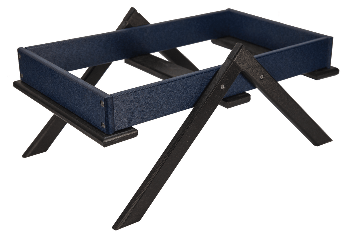 Plastic rectangular tray with black X-shaped legs showcasing a dark blue top textured surface and visible screws on the frame