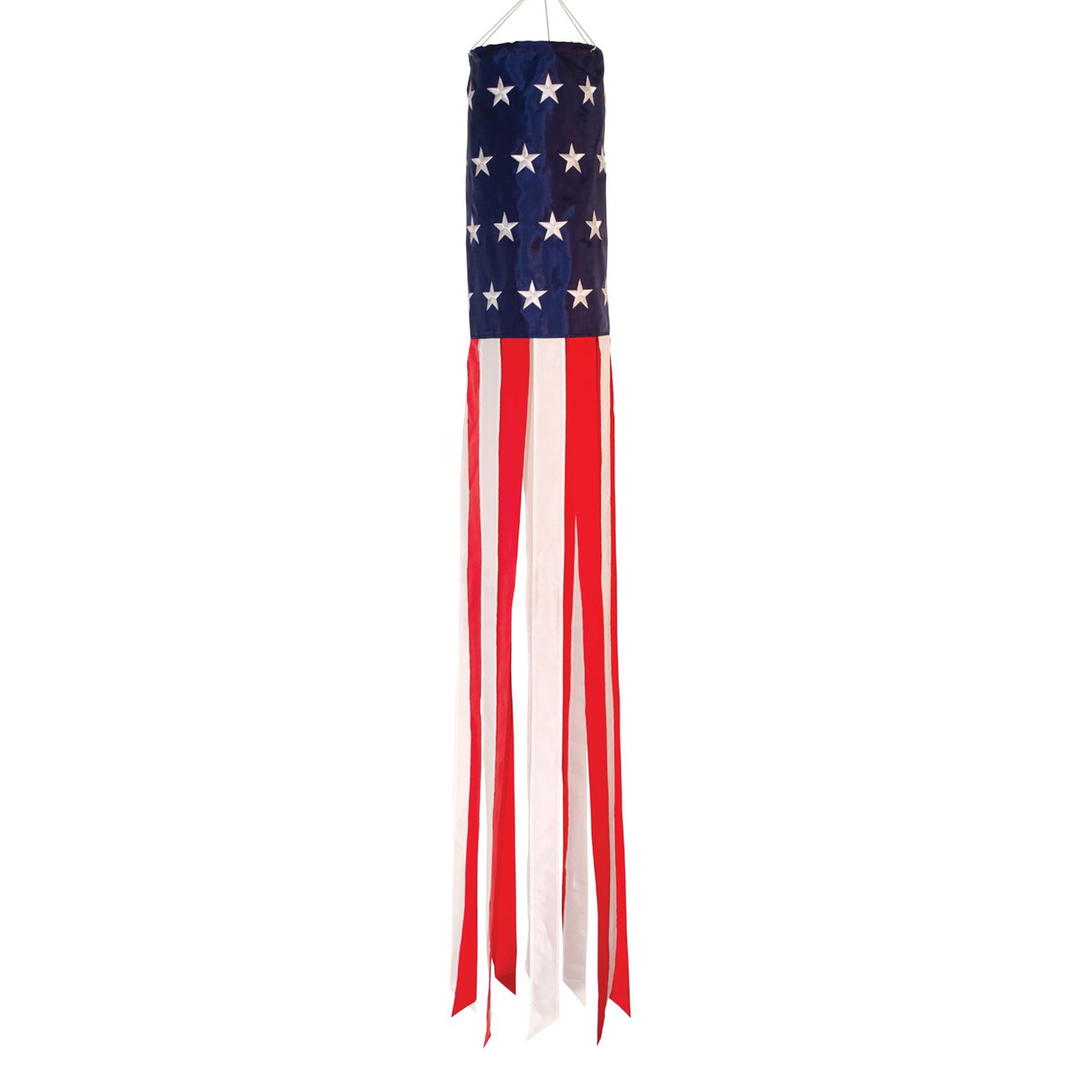 In the Breeze U.S. Stars and Stripes Embroidered 40" Windsock with red and white tails and blue star pattern.