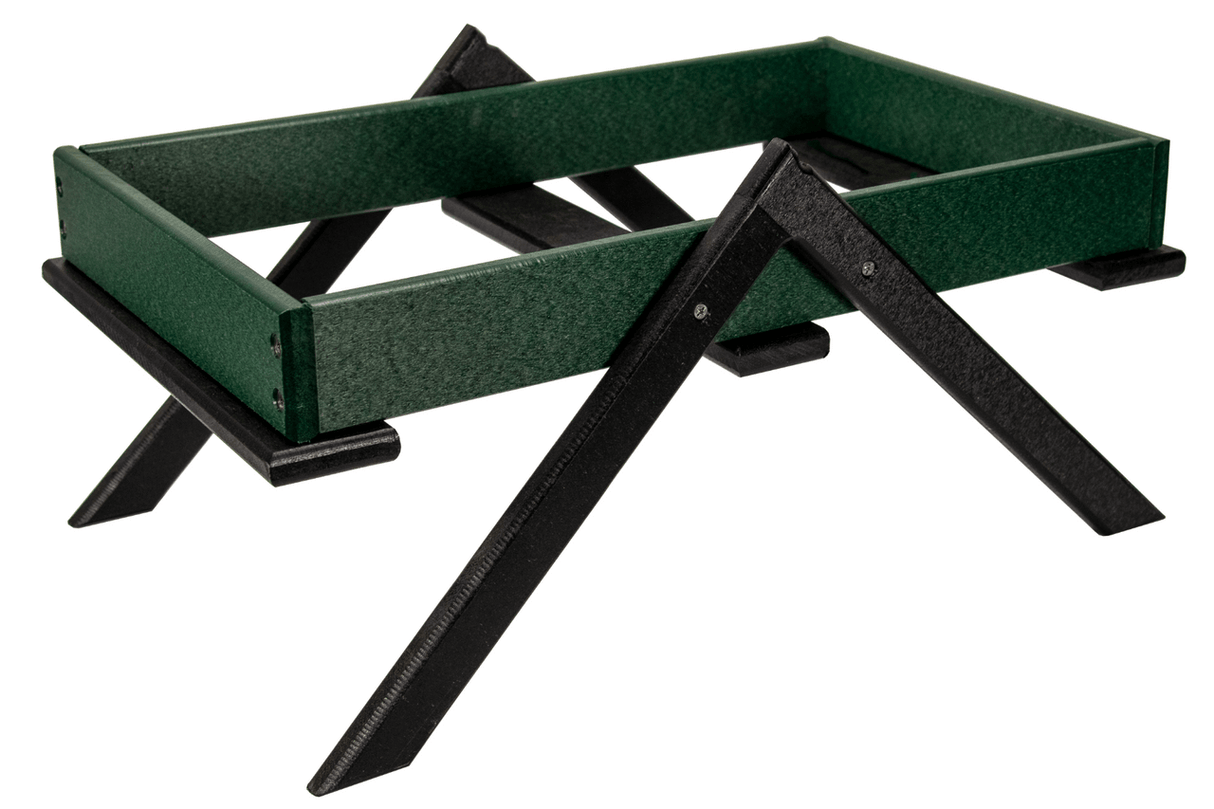 Plastic recycled composite dark green rectangular tray with black X-shaped legs showing visible screw detail and textured surface