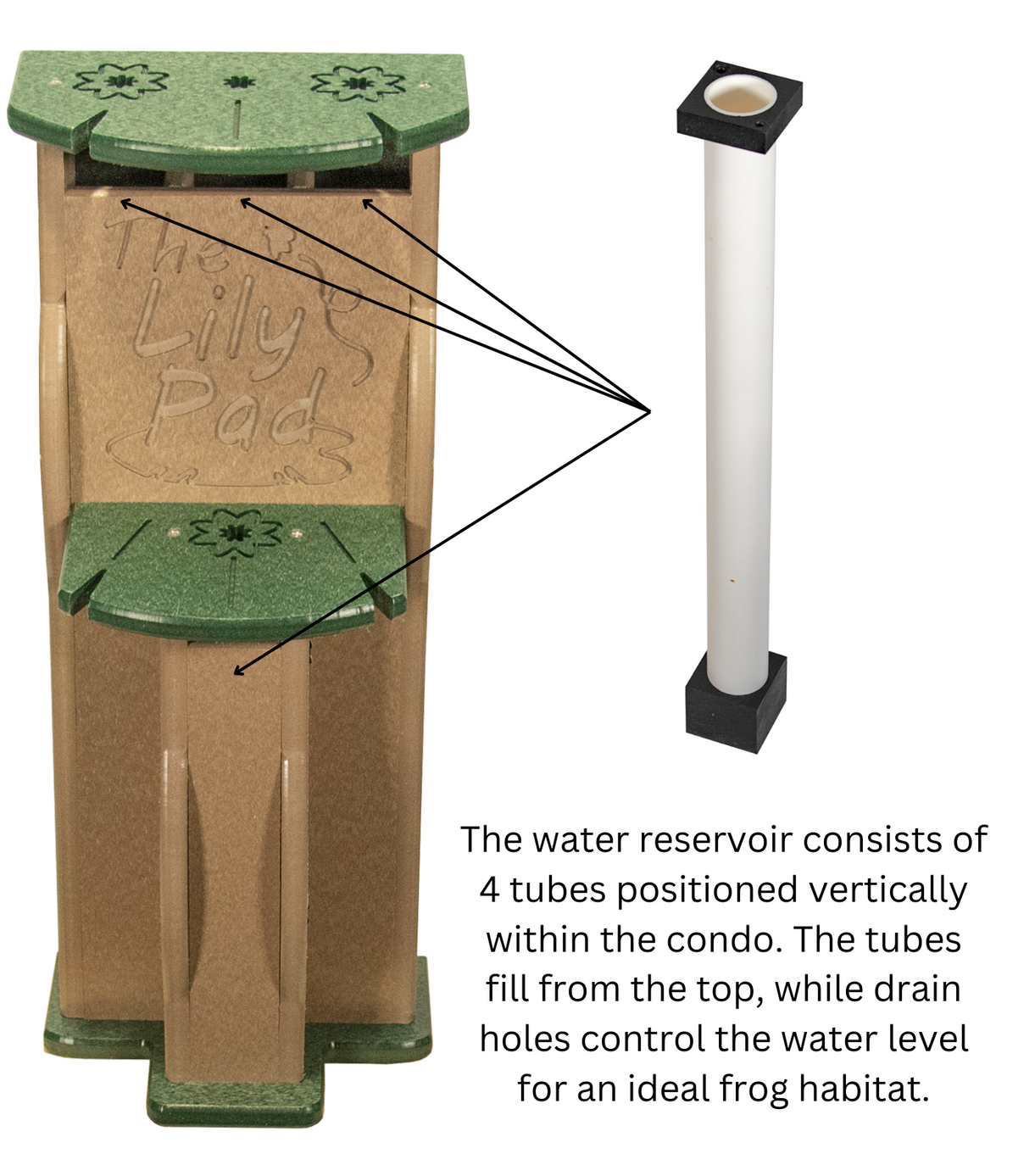 JCS Wildlife Lily Pad Poly Lumber Tree Frog Condo showing the water reservoir design with 4 vertical tubes for ideal frog habitat.
