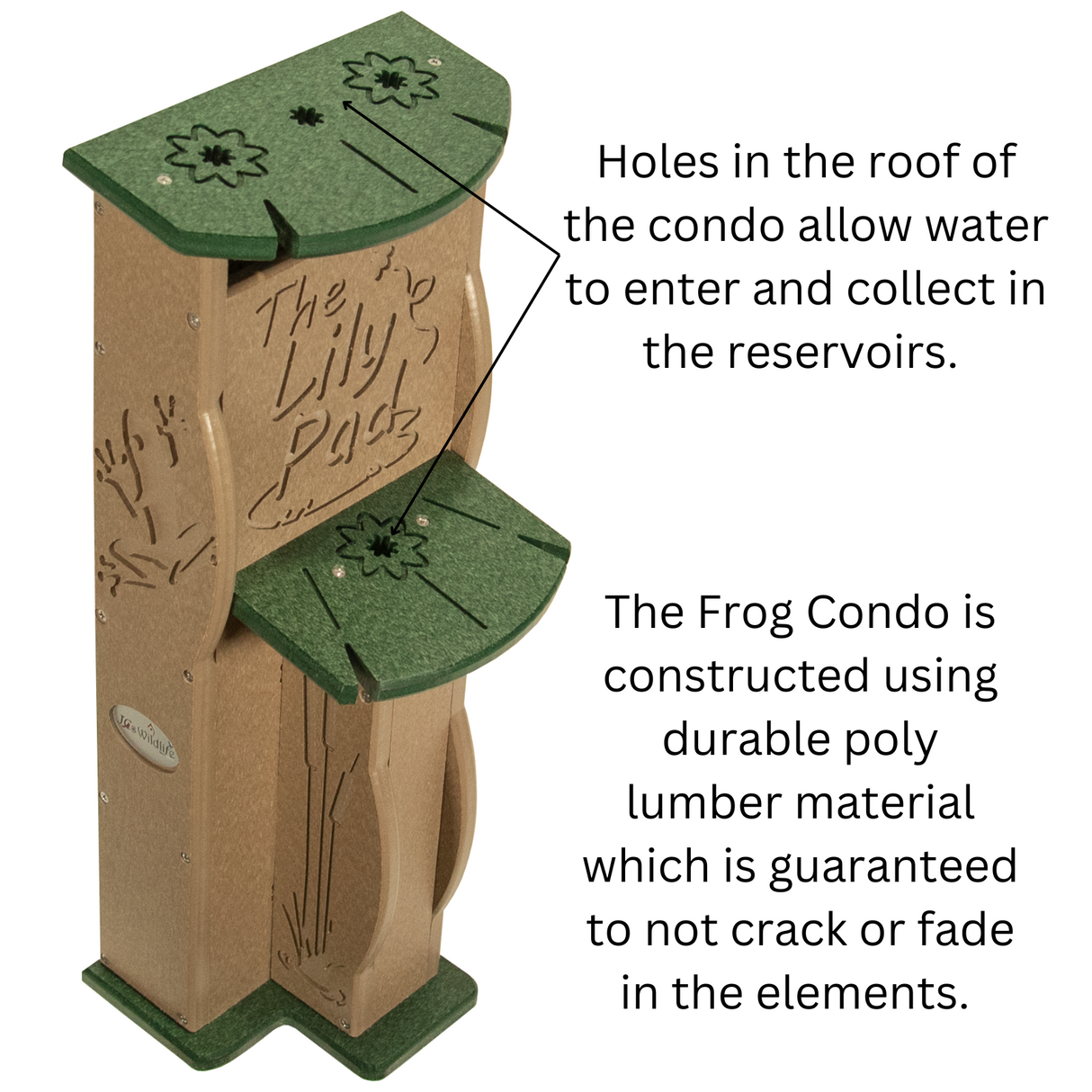 JCS Wildlife Lily Pad Poly Lumber Tree Frog Condo with roof holes for water collection and sturdy construction.