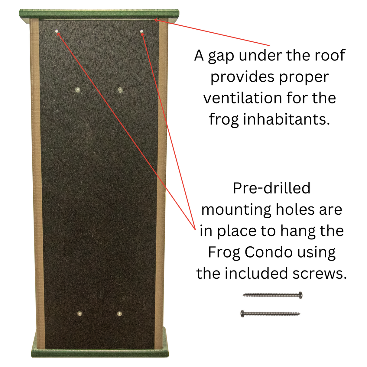 JCS Wildlife Lily Pad Poly Lumber Tree Frog Condo back view illustrating ventilation gap and pre-drilled holes for easy hanging.