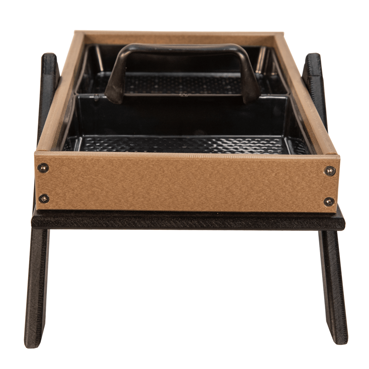 Product shot of a brown and black plastic elevated bird feeder with two trays a central handle and visible screws