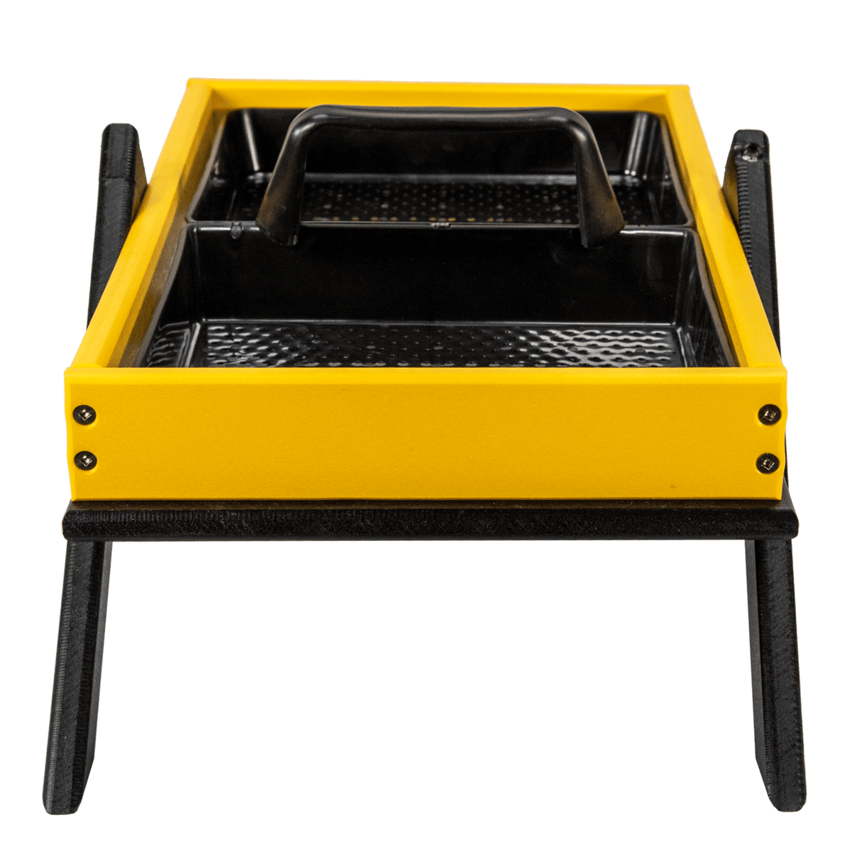 Product shot of a yellow and black plastic tray with a handle and foldable legs showcasing its textured surface and visible screws