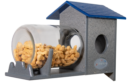 JCS Wildlife Squirrel Under Glass Mason Jar Peanut and Loose Corn Feeder with peanuts inside.