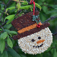 Mr. Bird Frosty Christmas Cookie Seed Ornament with a snowman design made of seeds, featuring a red raffia hanger and holiday accents.