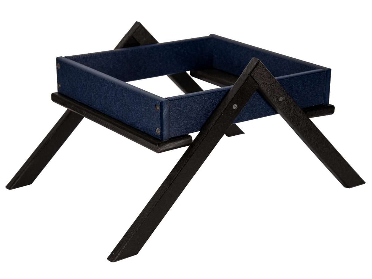 Wooden bird feeder with a navy blue tray and black legs showing detailed craftsmanship and sturdy construction