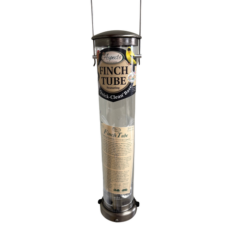 Aspects 400 Quick-Clean Thistle Tube Feeder in brushed nickel showcasing a clear tube and convenient seed deflector.