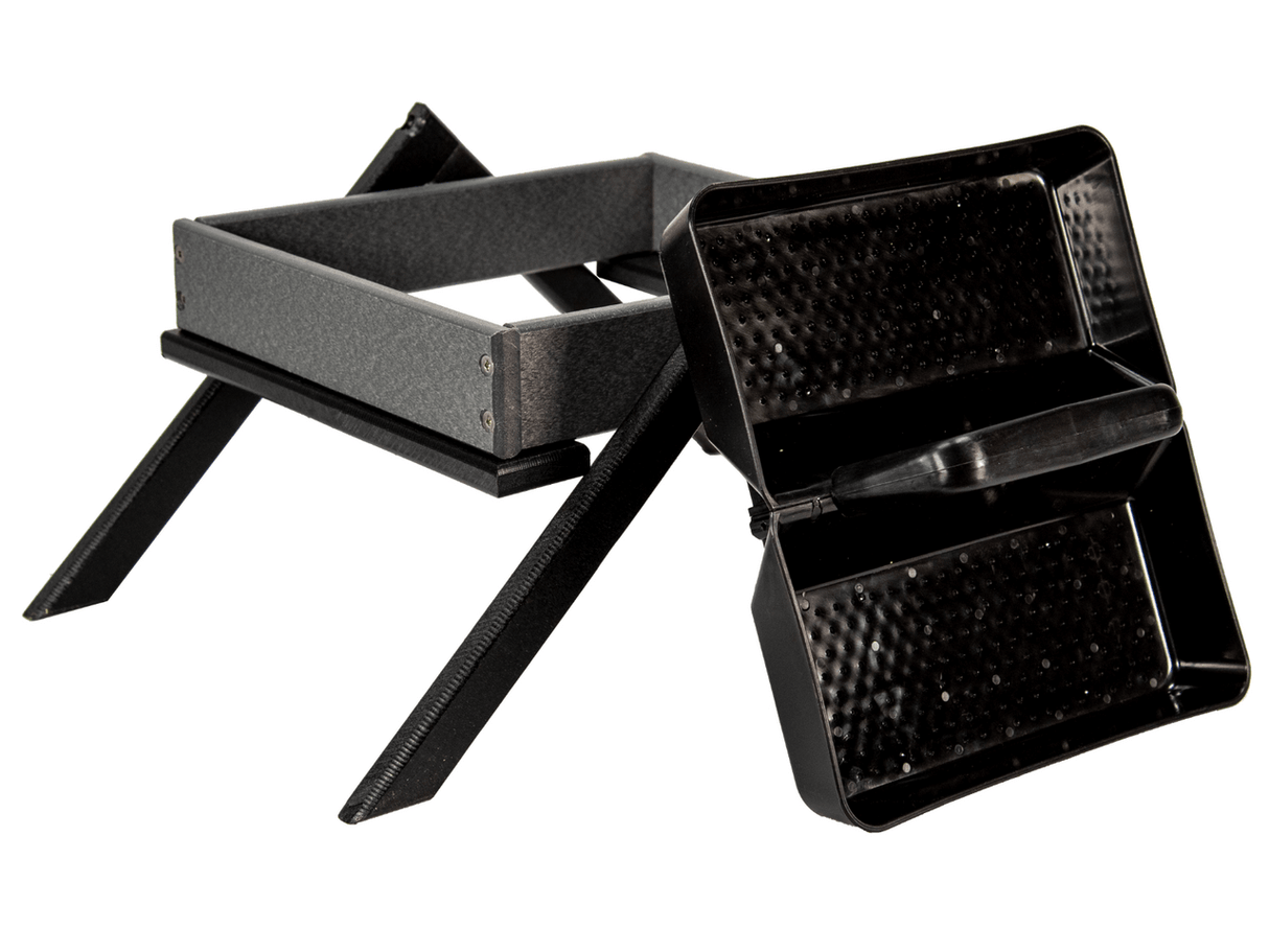 Product shot of a two-tiered black and gray plastic feeder with textured surfaces and a convenient handle showcasing a modern design