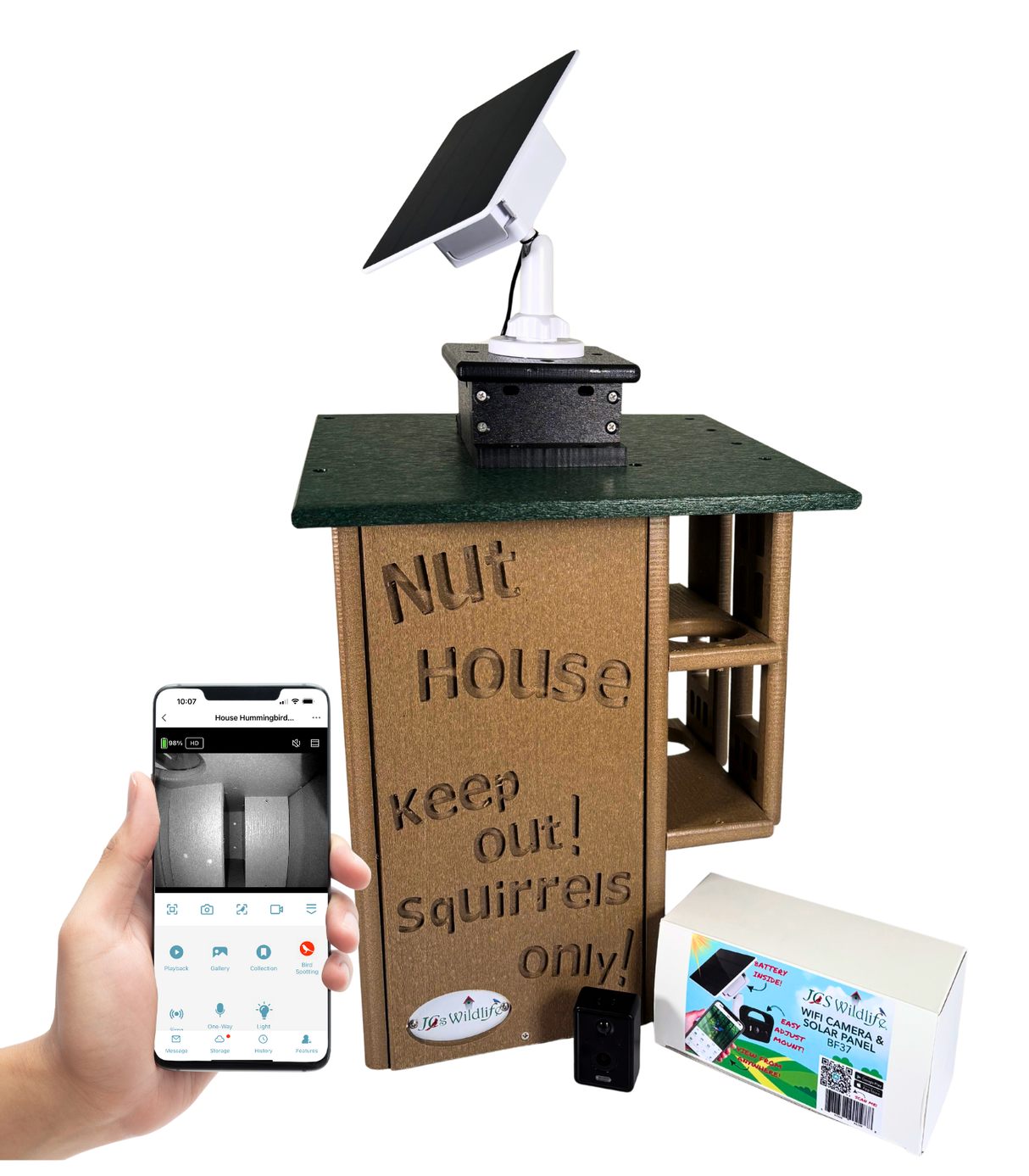 JCS Wildlife Ultimate Squirrel House Nesting Box w/ Wi-Fi Camera & Solar Panel